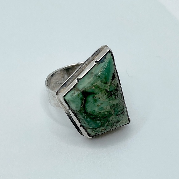 Vtg Navajo Sterling Green Turquoise Rustic Abstract Setting Ring Sz 8.25 - 8.5 - Picture 1 of 12